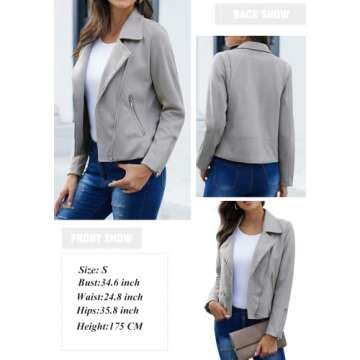 GOSOPIN Women Leather Faux Suede Zipped Motorcycle Jacket Notch Collar PU Moto Biker Short Coat Casual Fashion Zip Party Fitted Slim Outwear with Pockets Small Light Gray