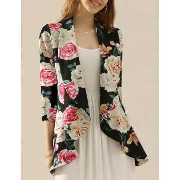 DOUBLJU Lightweight Thin 3/4 Sleeve Open Front Blazer Business Casual Deconstructed Jackets for Womens Clothes with Plus Size