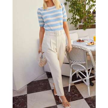 Kissonic Womens Puff Short Sleeve Sweaters Tops Crew Neck Crochet Knit Soft Pullover Shirt 2024 Trendy Blouses(BlueandWhite-L)