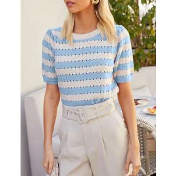 Kissonic Womens Puff Short Sleeve Sweaters Tops Crew Neck Crochet Knit Soft Pullover Shirt 2024 Trendy Blouses(BlueandWhite-L)