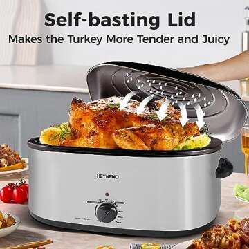 20qt Turkey Roaster Oven, 24lb Electric Roaster w/Self-Basting Lid and Removable Pan & Rack, 150°F-450°F Temperature Controls, Electric Roaster Oven for Roasting, Grilling, Baking，Easy Clean, Silver