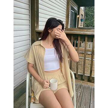 Zeagoo Womens 2 Piece Outfit Sets Loose Loungewear Button Down Long Shirt and Elastic Shorts Set,Light khaki,Medium