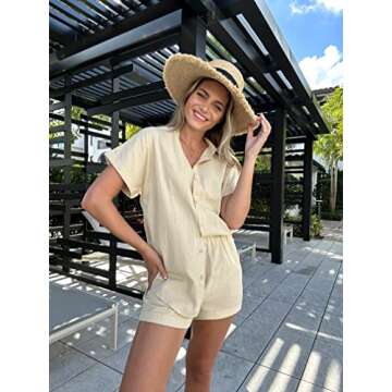 Zeagoo Womens 2 Piece Outfit Sets Loose Loungewear Button Down Long Shirt and Elastic Shorts Set,Light khaki,Medium
