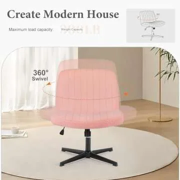Sweetcrispy Criss Cross Chair Legged, Armless Office Desk Chair No Wheels, Swivel Vanity Chair, Height Adjustable Wide Seat Computer Task Chair, Fabric Vanity Modern Home Chair Pink