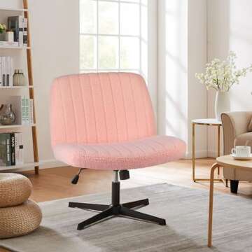 Sweetcrispy Criss Cross Chair Legged, Armless Office Desk Chair No Wheels, Swivel Vanity Chair, Height Adjustable Wide Seat Computer Task Chair, Fabric Vanity Modern Home Chair Pink