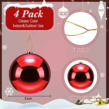 Zubebe 4 Pcs Extra Large Christmas Ball Ornaments 8'' (200 Mm) Giant Oversized Plastic Xmas Ball Big...