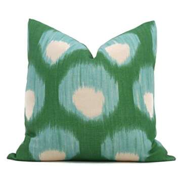 MangGou Peacock Green and Aqua Bukhara Ikat Cushion Cover Rustic Sofa Pillows with Zipper Hidden Cushion Case for Couch Sofa Living Room Gift White Linen 18x18in