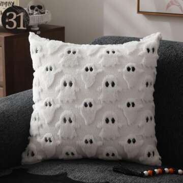 DFXSZ Halloween Pillow Covers 16x16 inch Set of 2 White Ghost Throw Pillow Cases Soft Plush Faux Fur Wool Couch Cushion Case for Chair Sofa Bedroom Living Room Home Decor PTK03A16