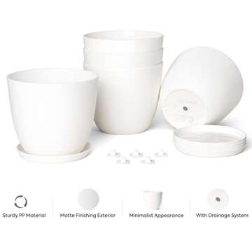 Mkono 6.5" Plastic Planters with Saucers, Indoor Set of 5 Flower Plant Pots with Drainage for All House Plants, Herbs, Foliage Plant, and Seeding Nursery, Cream White