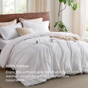Bedsure Elegant 100% Washed Cotton King Duvet Cover Set - Bright White, 3 Pieces
