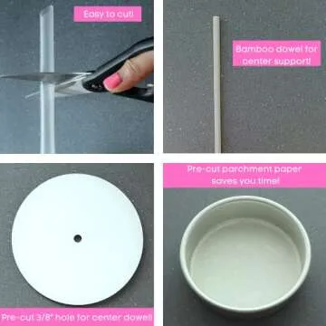 Little Ladle Cake Tier Stacking Kit - 10 Inch, 8 Inch, 6 Inch Cake Boards + Parchment Paper Rounds + Bamboo and Straw Cake Dowels For Tiered Cakes - 125 Pcs