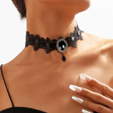 GRAEEN Gothic Black Lace Choker Necklaces Royal Court Vampire Chokers with Rhinestone Pendant Hallow...