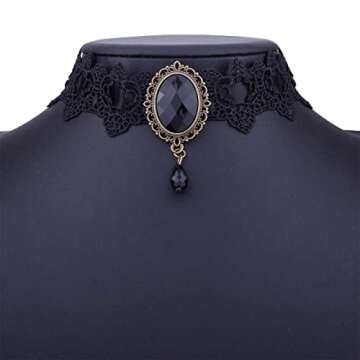 GRAEEN Gothic Black Lace Choker Necklaces Royal Court Vampire Chokers with Rhinestone Pendant Halloween Lace Clavicle Necklace Jewelry for Women(A1-Black)