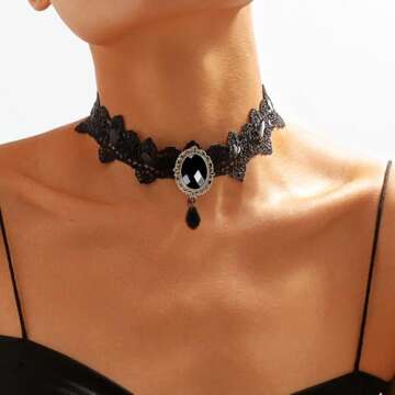 GRAEEN Gothic Black Lace Choker Necklaces Royal Court Vampire Chokers with Rhinestone Pendant Halloween Lace Clavicle Necklace Jewelry for Women(A1-Black)