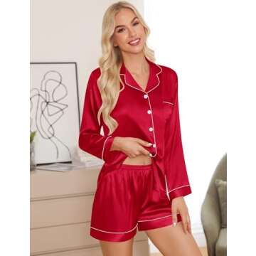 SWOMOG Womens 2 PCS Pajamas Set Silk Satin Long Sleeve Sleepwear Button Down Loungewear Pjs Nightwear Z - Red - 2 PCS Small