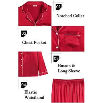 SWOMOG Womens 2 PCS Pajamas Set Silk Satin Long Sleeve Sleepwear Button Down Loungewear Pjs Nightwear Z - Red - 2 PCS Small