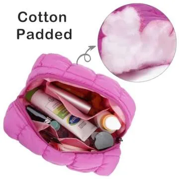 E-Tree Cute Makeup Bag,Quilted Cosmetic Bag,Make up Pouch for Purse,Toiletry Zipper Pouch,Checkered Bag,Travel Case,Storage Pouches for Organization (Hot Pink)