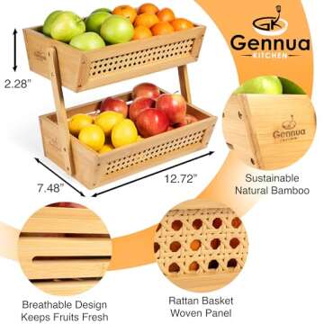 Gennua Kitchen Bamboo Fruit Basket for Kitchen Counter & Beyond | Elegant 2-Tier Vegetable & Fruit Holder Combines Beautiful Solid Bamboo & Breathable Rattan Mesh for Produce Storage & More