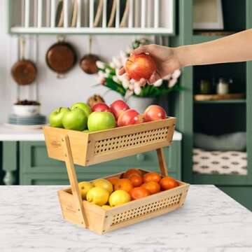 Gennua Kitchen Bamboo Fruit Basket for Kitchen Counter & Beyond | Elegant 2-Tier Vegetable & Fruit Holder Combines Beautiful Solid Bamboo & Breathable Rattan Mesh for Produce Storage & More