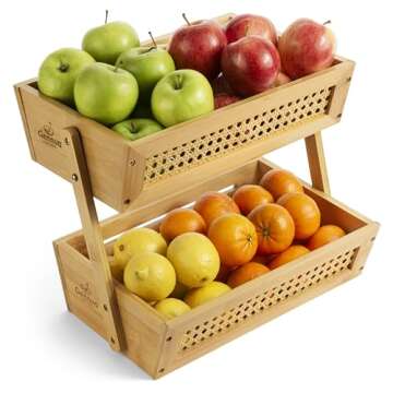 Gennua Kitchen Bamboo Fruit Basket for Kitchen Counter & Beyond | Elegant 2-Tier Vegetable & Fruit Holder Combines Beautiful Solid Bamboo & Breathable Rattan Mesh for Produce Storage & More