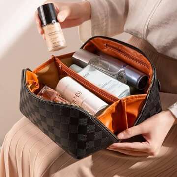 cirea Brown Large Capacity Travel Cosmetic Bag Plaid Checkered Makeup Bag PU Leather Waterproof Skincare Bag with Handle and Divider (Deep Brown)