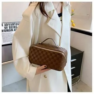 cirea Brown Large Capacity Travel Cosmetic Bag Plaid Checkered Makeup Bag PU Leather Waterproof Skincare Bag with Handle and Divider (Deep Brown)