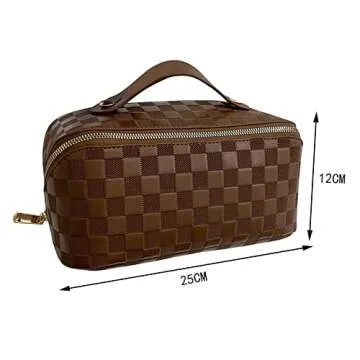 cirea Brown Large Capacity Travel Cosmetic Bag Plaid Checkered Makeup Bag PU Leather Waterproof Skincare Bag with Handle and Divider (Deep Brown)