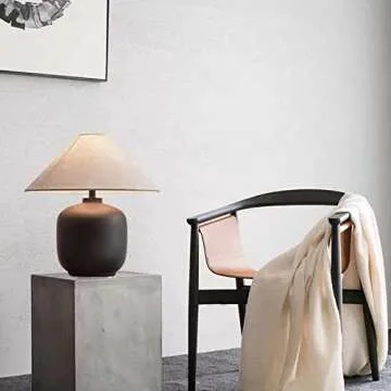 PURESILKS Modern Minimalist Table Lamps, Rustic Farmhouse Ceramic Table Lamp, 16.53" Tall Desk Lamp with Off-Black Linen Drum Lampshade Decor for Living Room Bedroom Bedside Nightstand (Black)