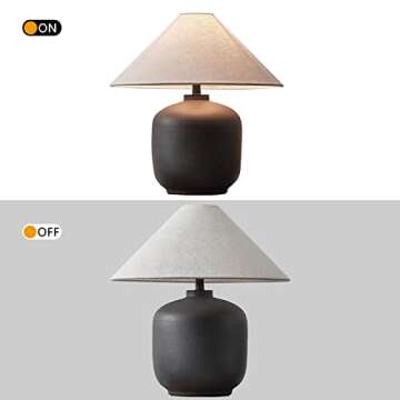 PURESILKS Modern Minimalist Table Lamps, Rustic Farmhouse Ceramic Table Lamp, 16.53" Tall Desk Lamp with Off-Black Linen Drum Lampshade Decor for Living Room Bedroom Bedside Nightstand (Black)