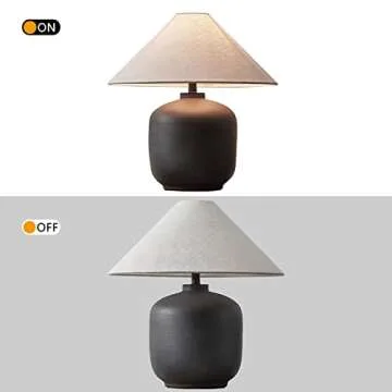 PURESILKS Modern Minimalist Table Lamps, Rustic Farmhouse Ceramic Table Lamp, 16.53" Tall Desk Lamp with Off-Black Linen Drum Lampshade Decor for Living Room Bedroom Bedside Nightstand (Black)