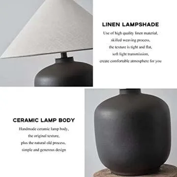 PURESILKS Modern Minimalist Table Lamps, Rustic Farmhouse Ceramic Table Lamp, 16.53" Tall Desk Lamp with Off-Black Linen Drum Lampshade Decor for Living Room Bedroom Bedside Nightstand (Black)
