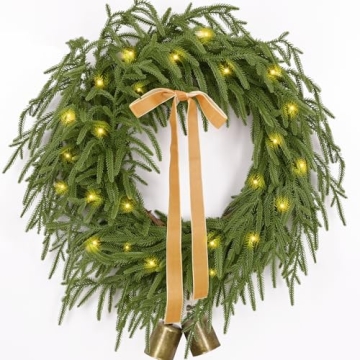 Christmas Wreath -24 Inch Real Touch Norfolk Pine Wreath for Front Door, Christmas Wreath with Light...