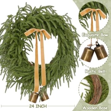24 Inch Christmas Wreath with Lights and Ribbon Bell