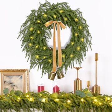 24 Inch Christmas Wreath with Lights and Ribbon Bell
