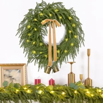 24 Inch Christmas Wreath with Lights and Ribbon Bell