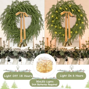 24 Inch Christmas Wreath with Lights and Ribbon Bell