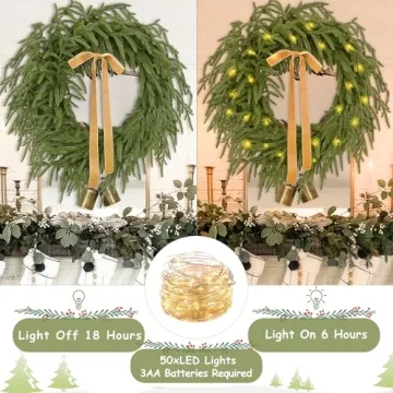 24 Inch Christmas Wreath with Lights and Ribbon Bell