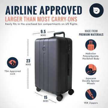 Aerotrunk Airline Approved Carry On Luggage - Lightweight Hard Shell Suitcase with Spinner Wheels, TSA Lock - Carry-On 23" Black