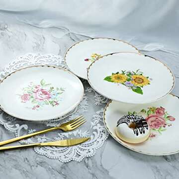Bicuzat Vintage Floral Flowers Pattern Ceramic Salad Plates, Pasta Plates, Fruit Plates, Appetizer Plates, Dessert Dishes,Dinner Plates, Holiday Plates, Set of 4