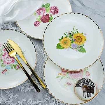 Bicuzat Vintage Floral Flowers Pattern Ceramic Salad Plates, Pasta Plates, Fruit Plates, Appetizer Plates, Dessert Dishes,Dinner Plates, Holiday Plates, Set of 4