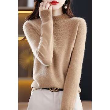 RUCPUW 100% Merino Wool Sweaters Women's Fall Winter Warm Soft Knitted Loose Pullover Turtleneck Long Sleeves(003,Golden Camel,M)