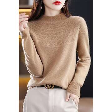 RUCPUW 100% Merino Wool Sweaters Women's Fall Winter Warm Soft Knitted Loose Pullover Turtleneck Long Sleeves(003,Golden Camel,M)