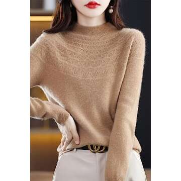 RUCPUW 100% Merino Wool Sweaters Women's Fall Winter Warm Soft Knitted Loose Pullover Turtleneck Long Sleeves(003,Golden Camel,M)