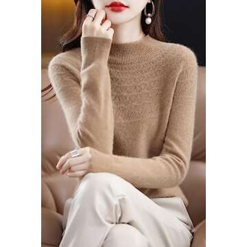 RUCPUW 100% Merino Wool Sweaters Women's Fall Winter Warm Soft Knitted Loose Pullover Turtleneck Long Sleeves(003,Golden Camel,M)