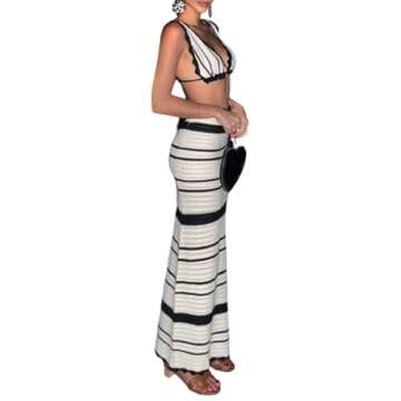 CHQCDarlys Women's 2 Piece Maxi Skirt Sets Casual Summer Knit Cropped Tank Top and Long Skirt Set Club Beach Outfits (Stripe Black, S)