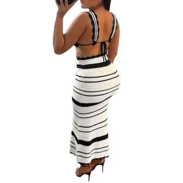 CHQCDarlys Women's 2 Piece Maxi Skirt Sets Casual Summer Knit Cropped Tank Top and Long Skirt Set Club Beach Outfits (Stripe Black, S)