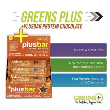 Greens+ Plusbar Protein Bars, Dark Chocolate, 15g Whey Protein Isolate, Gluten Free Healthy Snacks with Organic Super Greens, Superfoods, Vegan, Dairy Free & Non GMO Meal Replacement Bars, 12 Bars