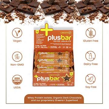 Greens+ Plusbar Protein Bars, Dark Chocolate, 15g Whey Protein Isolate, Gluten Free Healthy Snacks with Organic Super Greens, Superfoods, Vegan, Dairy Free & Non GMO Meal Replacement Bars, 12 Bars