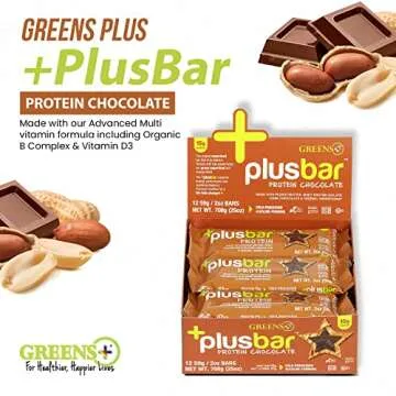 Greens+ Plusbar Protein Bars, Dark Chocolate, 15g Whey Protein Isolate, Gluten Free Healthy Snacks with Organic Super Greens, Superfoods, Vegan, Dairy Free & Non GMO Meal Replacement Bars, 12 Bars
