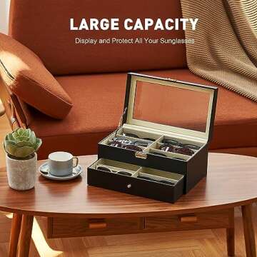 CO-Z Sunglasses Organizer with 12 Slots, Multiple Eyeglasses Eyewear Display Case for Women Men, 2 Story Leather Multi Sunglasses Jewelry Collection Holder with Drawer, Sunglass Glasses Storage Box